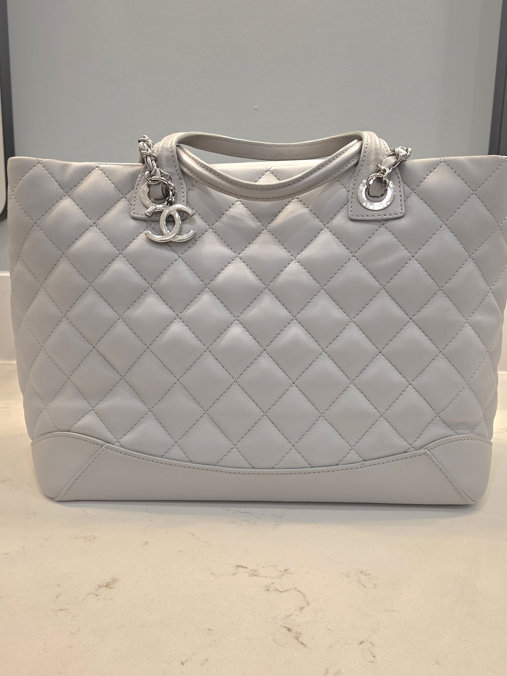 CHANEL Quilted Leather Tote in Light Gray with Silver Hardware